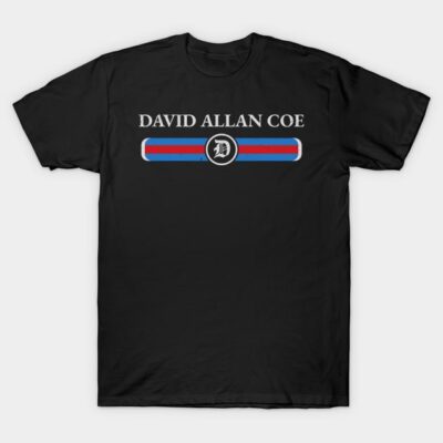 Black graphic tee with vintage-style text and red-blue stripe design, ideal for casual wear. Cotton material.
