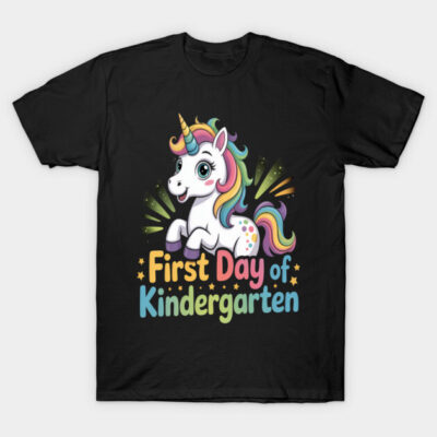 Black T-shirt with colorful unicorn design and "First Day of Kindergarten" text, perfect for children's school events.