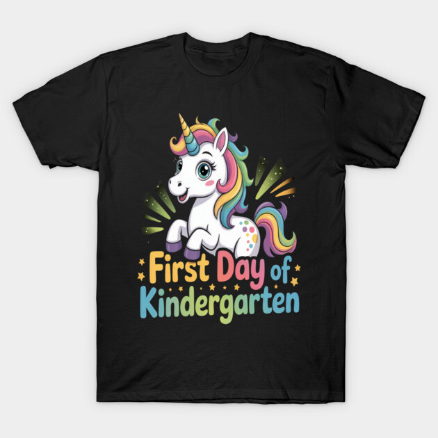 Black T-shirt with colorful unicorn design and "First Day of Kindergarten" text, perfect for children's school events.