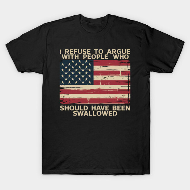 Black t-shirt with distressed American flag and bold text, casual wear, cotton blend, unisex, comfortable fit.
