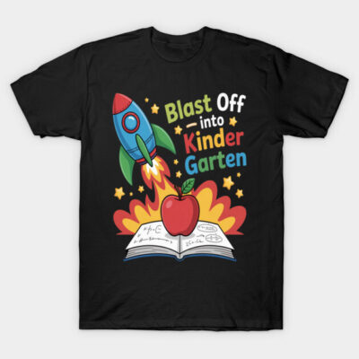 Black t-shirt with colorful "Blast Off into Kindergarten" rocket and apple design, perfect for school starters.