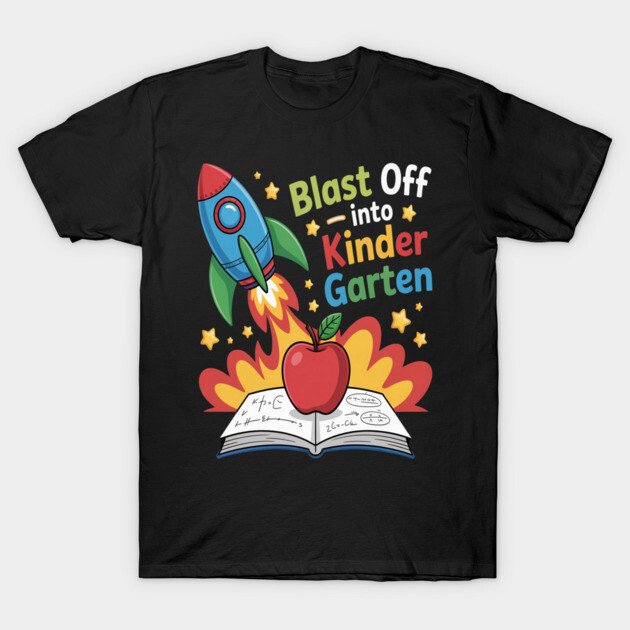 Black t-shirt with colorful "Blast Off into Kindergarten" rocket and apple design, perfect for school starters.