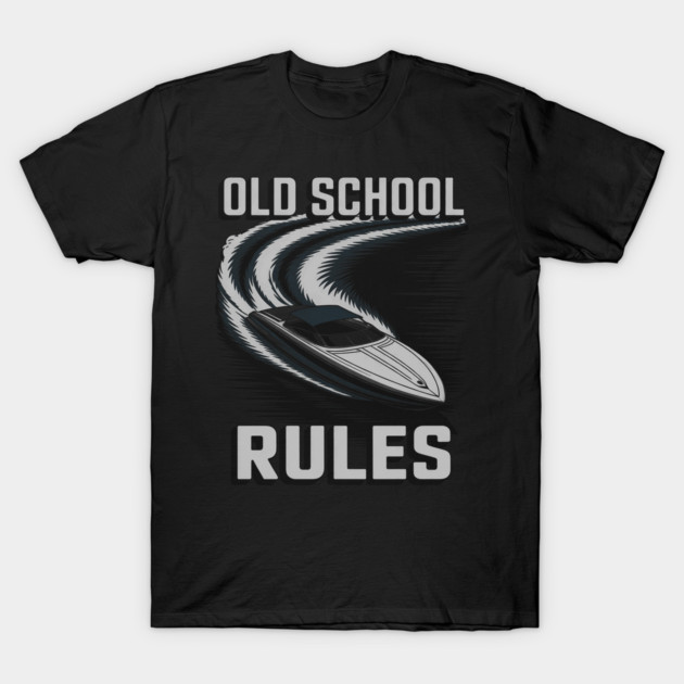 Black t-shirt with "Old School Rules" print and speedboat graphic, casual wear, 100% cotton, unisex.