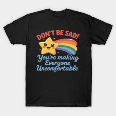 Black T-shirt with colorful star and rainbow design, featuring motivational text. Casual wear, soft cotton material.
