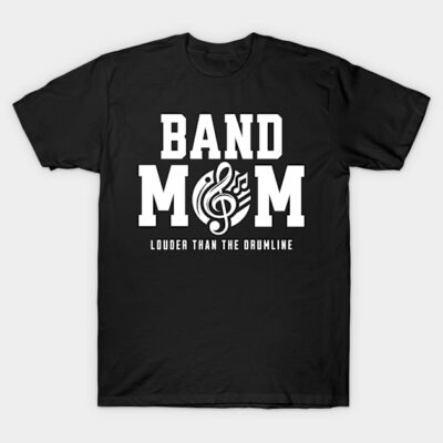 Black "Band Mom" T-shirt with musical note graphic, made of cotton, ideal for music event or casual wear.
