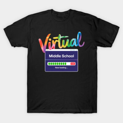 Black T-shirt with colorful "Virtual Middle School" loading graphic, casual style, cotton material, unisex.