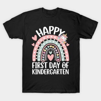 "Black kindergarten t-shirt with colorful rainbow, hearts, and unicorn design, celebrating first day of school."