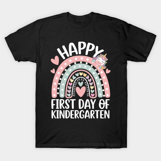 "Black kindergarten t-shirt with colorful rainbow, hearts, and unicorn design, celebrating first day of school."