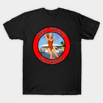 "Black t-shirt with retro Key West Florida graphic, featuring a beach scene and vintage style design."