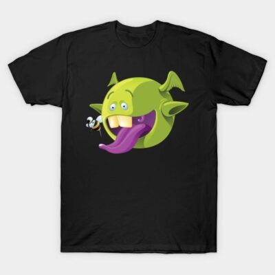 Black t-shirt with green cartoon monster graphic, purple tongue, and bee detail, made of soft cotton for casual wear.