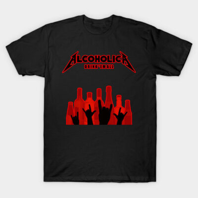 Black graphic t-shirt with red bottle silhouettes and rock hand signs, perfect for casual wear and music fans.