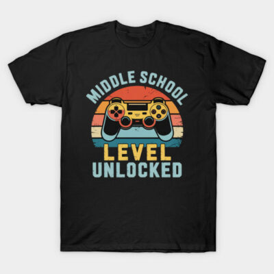 Black T-shirt with "Middle School Level Unlocked" graphic, featuring a retro gaming controller design.