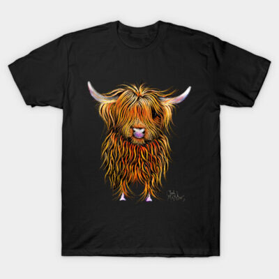 Black t-shirt featuring a vibrant, artistic highland cow design, perfect for casual wear and animal lovers.