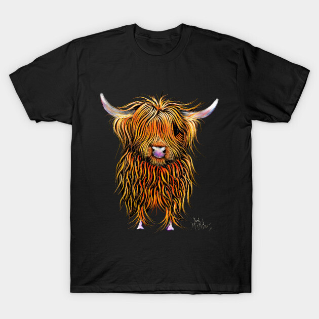 Black t-shirt featuring a vibrant, artistic highland cow design, perfect for casual wear and animal lovers.