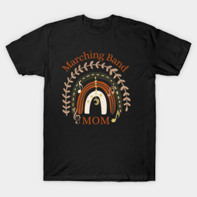 Black "Marching Band Mom" T-shirt with colorful musical design, perfect for supportive parents, cotton material.