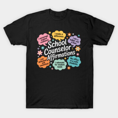 Black T-shirt with colorful "School Counselor Affirmations" design, perfect for educators, made from soft cotton.