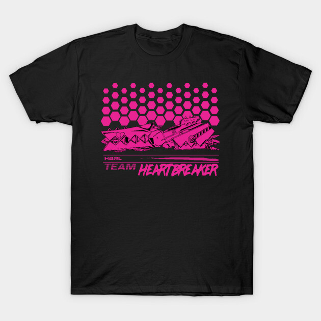 Black t-shirt with pink graphic design, hexagonal pattern, text "Heartbreaker," casual wear, cotton material.