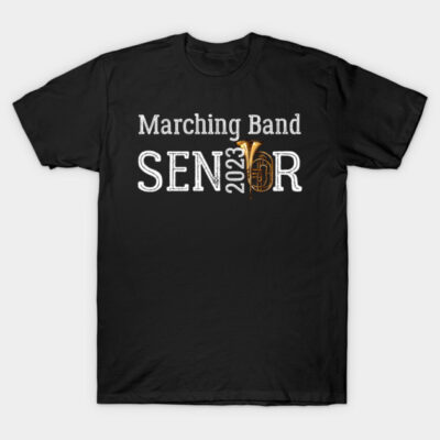 Black "Marching Band Senior 2023" t-shirt featuring white text and a gold instrument graphic, perfect for graduates.