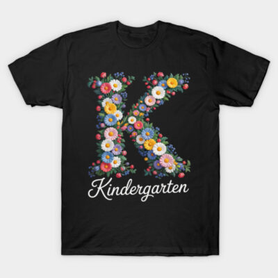 Black t-shirt with colorful floral "K" and "Kindergarten" text, casual style, soft cotton material.