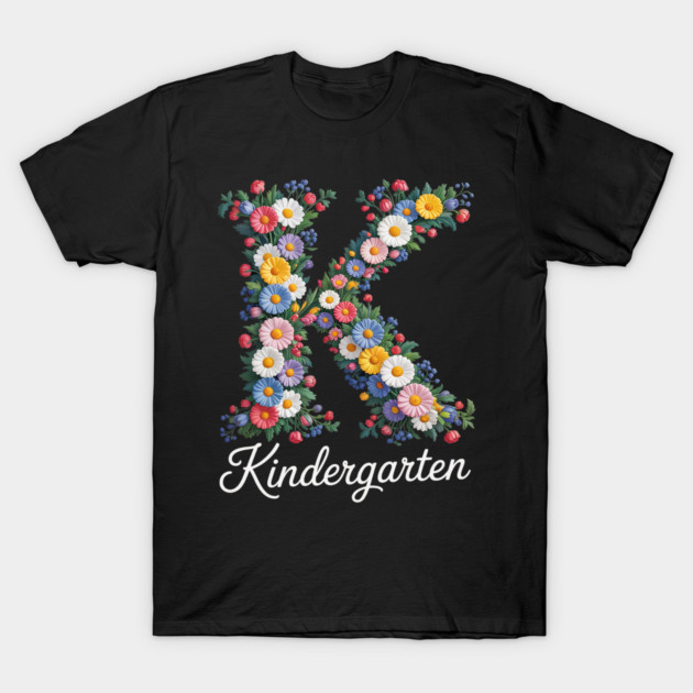 Black t-shirt with colorful floral "K" and "Kindergarten" text, casual style, soft cotton material.