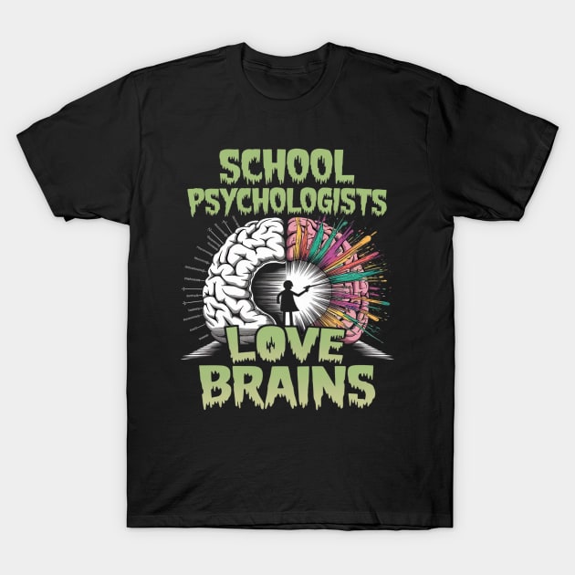 Black cotton t-shirt with "School Psychologists Love Brains" design featuring colorful brain graphic.