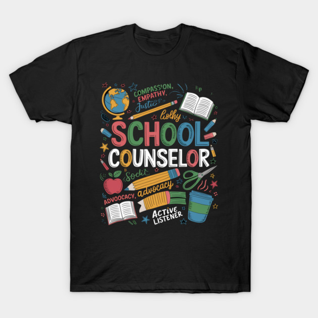 Black school counselor t-shirt with colorful educational graphics, featuring books, globe, and text promoting advocacy.
