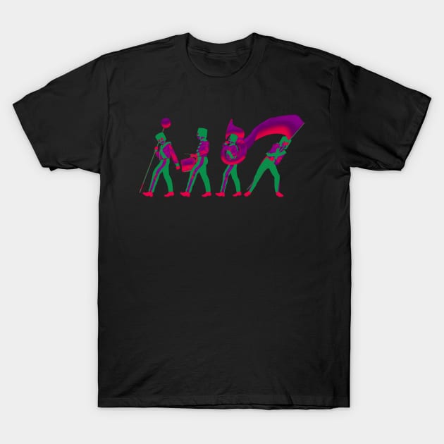 Black T-shirt with vibrant green and pink marching band graphic, casual unisex style, 100% cotton.