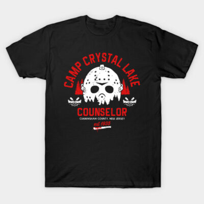 Black Camp Crystal Lake Counselor T-shirt with red and white graphic, featuring a horror-themed design, cotton fabric.