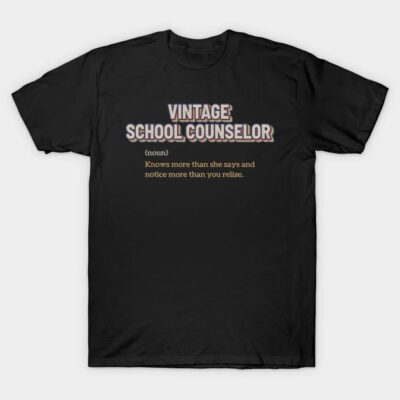Black vintage-style t-shirt with "Vintage School Counselor" text, ideal for casual wear and gifting.