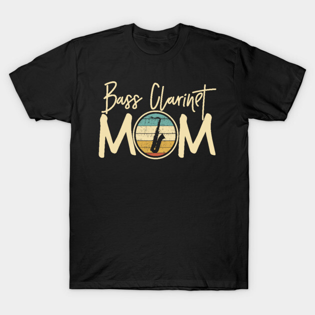 Black t-shirt with "Bass Clarinet Mom" text and retro design, ideal for music-loving mothers, cotton fabric.