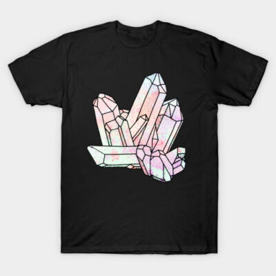 Black T-shirt with pastel crystal graphic design, unisex casual wear, cotton material, ideal for everyday use.