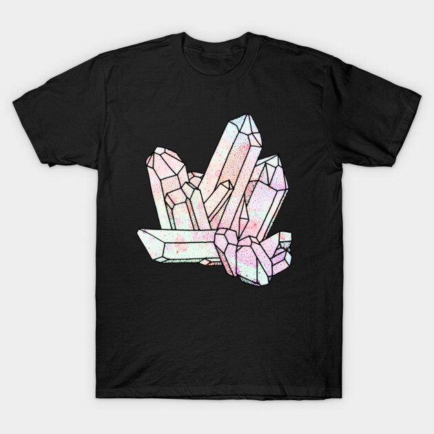 Black T-shirt with pastel crystal graphic design, unisex casual wear, cotton material, ideal for everyday use.