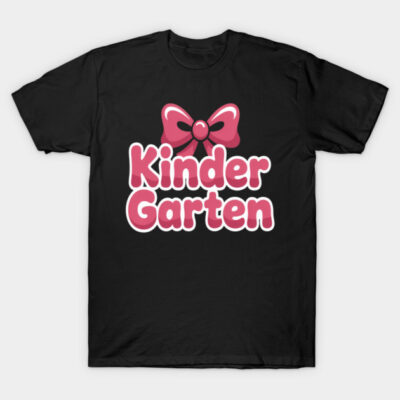 Black T-shirt with "Kindergarten" text and pink bow graphic, casual wear for kids, 100% cotton fabric.