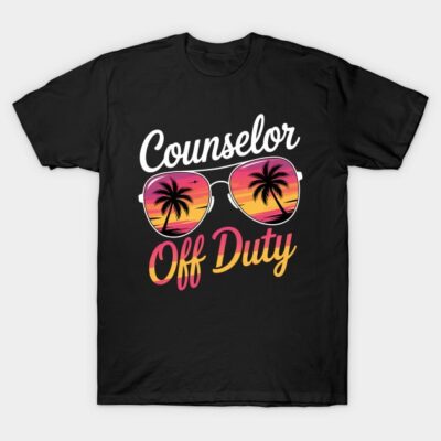 Black "Counselor Off Duty" T-shirt with sunset and palm tree graphic, casual cotton style for relaxed occasions.