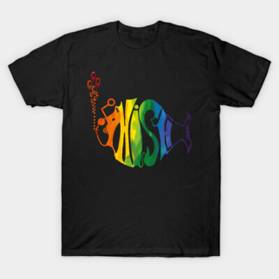 Black T-shirt with rainbow fish graphic, artistic style, casual wear, cotton material, unisex design.
