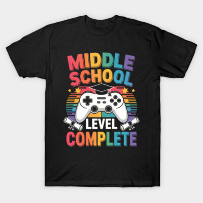 Black T-shirt with colorful "Middle School Level Complete" text, gaming controller graphic, ideal for graduation gifts.