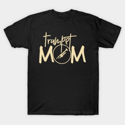 Black "Trumpet Mom" t-shirt with beige text and trumpet graphic, ideal for music enthusiasts. 100% cotton casual wear.
