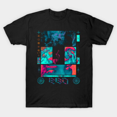 Black graphic t-shirt with vibrant abstract design, featuring blue, pink, and red colors, ideal for casual wear.
