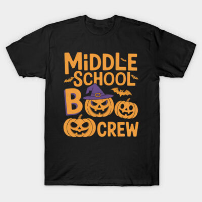 Black Halloween-themed t-shirt with "Middle School Boo Crew" text and pumpkin graphics, perfect for festive occasions.