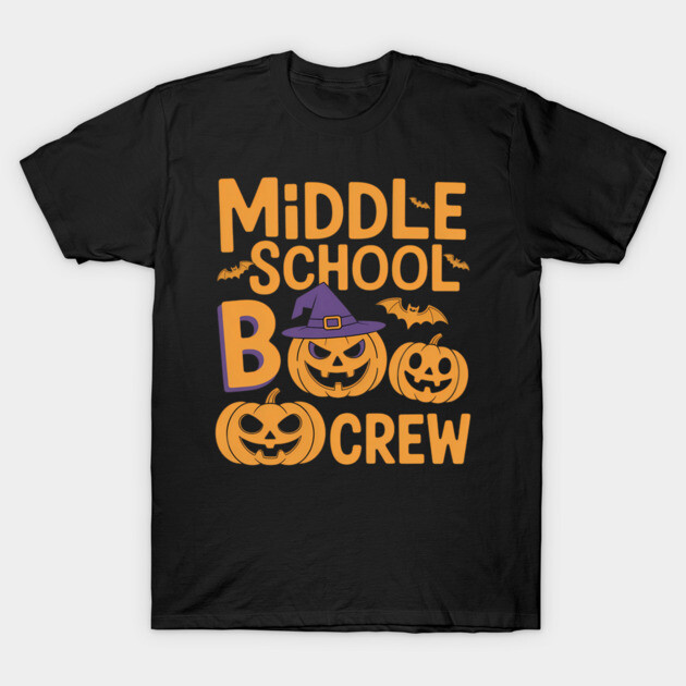 Black Halloween-themed t-shirt with "Middle School Boo Crew" text and pumpkin graphics, perfect for festive occasions.