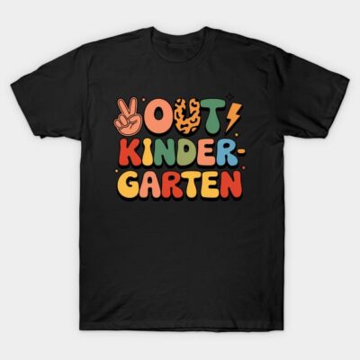 Black t-shirt with colorful "Out Kindergarten" graphic print, casual style, cotton material, unisex design.