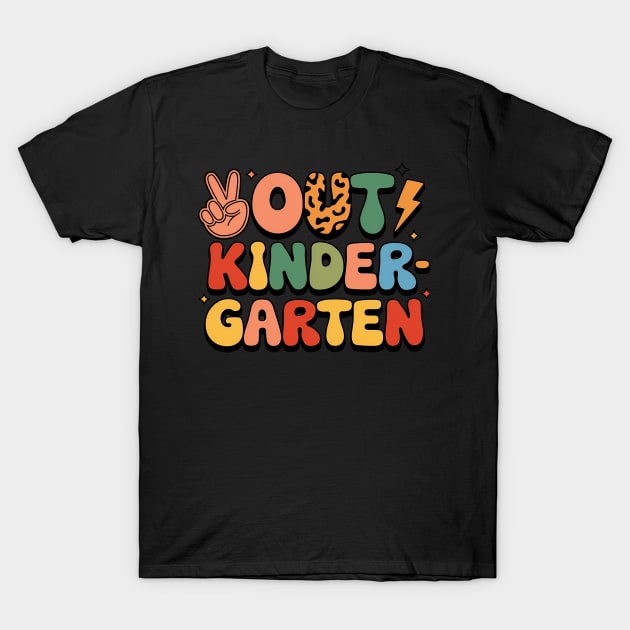 Black t-shirt with colorful "Out Kindergarten" graphic print, casual style, cotton material, unisex design.