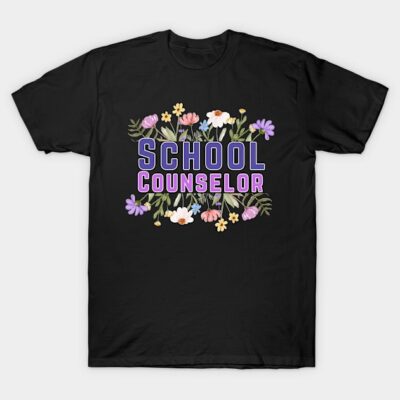Black t-shirt with "School Counselor" floral graphic design, casual style, cotton material, ideal for educators.
