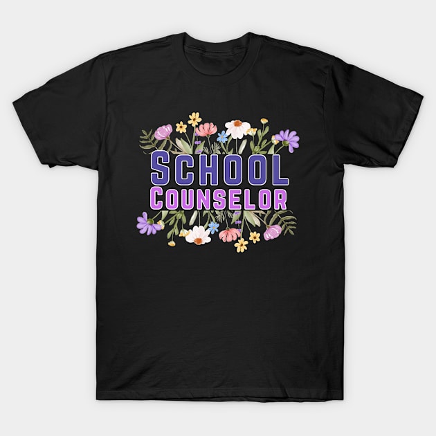 Black t-shirt with "School Counselor" floral graphic design, casual style, cotton material, ideal for educators.