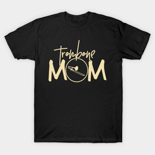 Black "Trombone Mom" T-shirt with beige text and trombone graphic, casual wear, cotton material.
