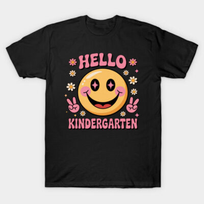 Black "Hello Kindergarten" T-shirt with smiley face graphic, perfect for school, cotton material, unisex casual wear.