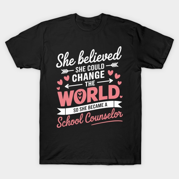 Black T-shirt with motivational school counselor quote in white and pink text, ideal for educators and casual wear.
