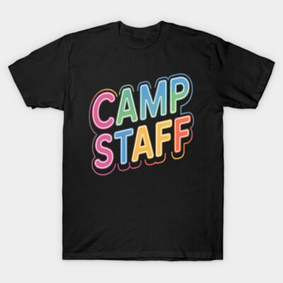 Black "Camp Staff" T-shirt with colorful neon text, casual style, perfect for camp events, soft cotton material.
