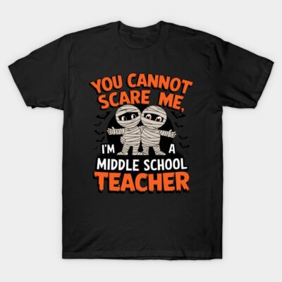 Black t-shirt with humorous Halloween-themed teacher print, featuring cartoon mummies and fun text.