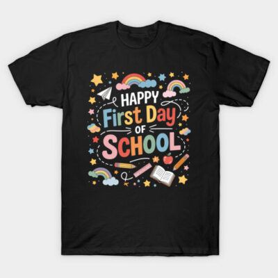 Black "Happy First Day of School" t-shirt with colorful design, perfect for back-to-school season, cotton blend material.
